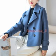 Women's Double-Sided Woolen Coat Short Autumn Double Breasted Casual Jacket | eBay Short Wool Coat Women, Fur Clothing, Blue Coat, Sandals Slippers, Basic Jackets, Pants White, Fall Coat, Woolen Coat, Skirt White