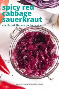 red cabbage sauerkraut in a glass jar on a marble surface with text overlay