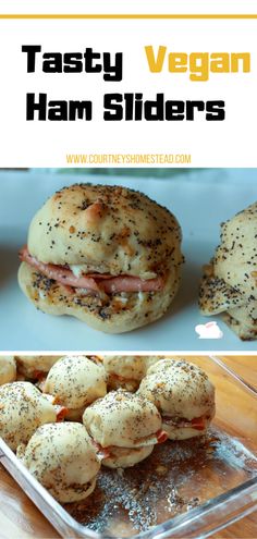 two pictures with the words tasty vegan ham sliders on them and an image of