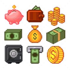 pixel art money and coins set