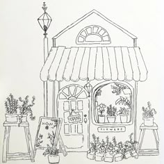 a drawing of a flower shop with potted plants and an easel next to it