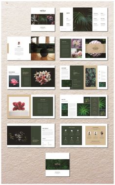 an assortment of brochures with flowers and plants on the front, in shades of green