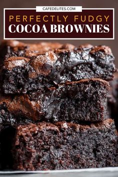 chocolate fudge cocoa brownies stacked on top of each other with text overlay