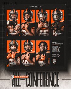 an orange and black football poster with all - conference photos on it's side