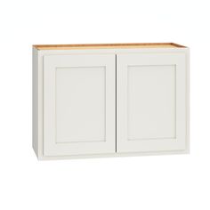 a white cabinet with two doors and a wooden top