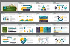 a large set of powerpoint presentation templates with diagrams and graphs on the side