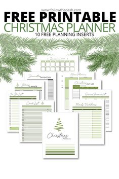 the free printable christmas planner is shown with pine branches and evergreen leaves on it