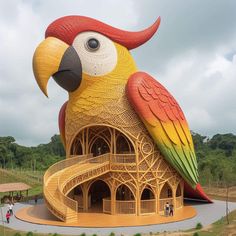 a large colorful bird statue sitting on top of a wooden structure in the middle of a field