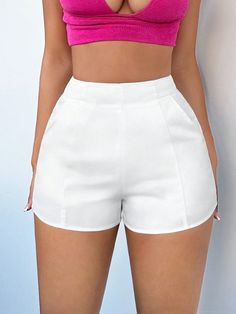 Summer Solid High Waist Shorts White Casual   Woven Fabric Plain Straight Leg Non-Stretch  Women Clothing, size features are:Bust: ,Length: ,Sleeve Length: Outfit Con Short Blanco, Outfits Con Short Blanco, Short Shein, Short Blanc, White Fashion Casual, Spring Shorts, Shorts Casual, Short Waist, Plus Size Shorts