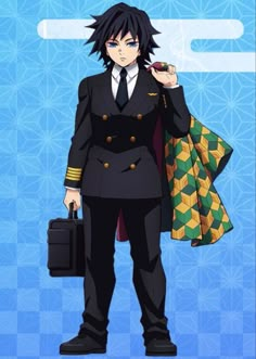 an anime character with black hair holding a briefcase and wearing a suit, standing in front of a blue background