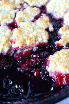 blueberry cobbler in a cast iron skillet