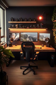 a computer desk sitting in front of a window next to a potted plant on top of a hard wood floor