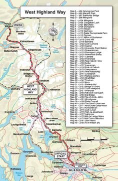 the west highland way map, with its major roads and stations in red on it