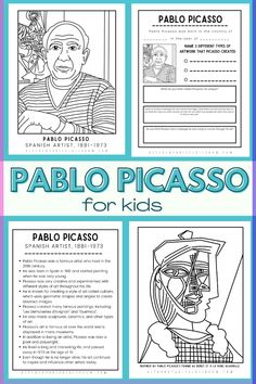 a poster with the words pablo picasso for kids in spanish and english