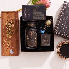 What's their Sign? Find Out & Gift them the Divine! Our Astrology Tea Collection is as rare & uncommon as each sign. Blended to enhance and align wellness to the cosmos, these blends will delight & surprise connoisseurs, foodies, wine lovers & wellness seekers with their wildly unique & iconic blend profiles. This Astrology Apothecary Gift Set combines the powers of each sign's specific wellness botanicals with uncommon tea leaves for an adventure in sensory delight. These rare teas are hand ble Astrology And Crystals, Witch Gift Basket, Mystical Gifts, Moon Tea, Kit Packaging, Comfort Hug, Packaging Design Trends, Modern Packaging, Tea Gift Sets