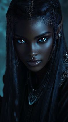 Mystical Human Creatures, Goddess Character Inspiration, African Models Photoshoot, Poc Vampires, Girls With Black Hair And Blue Eyes, Blue Eyes Black Hair Girl, People Drawing Reference Photos, Black Woman Portrait Photography, Black Ethereal Aesthetic