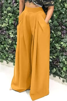 Yellow Fashion Casual Solid Patchwork Regular High Waist Conventional Solid Color Bottoms Celana Fashion, Wide Legged Pants, Coffee Fashion, Yellow Fashion, Red Fashion, Green Fashion, Wholesale Fashion, Wide Leg Trousers, Elegant Fashion