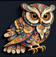 an owl made out of colored paper on a black background