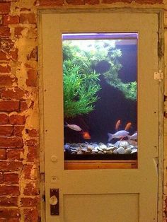 an aquarium is shown in the corner of a brick wall next to a white door