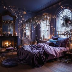 a bedroom decorated in purple and blue with fairy lights on the walls, windows, and bedding