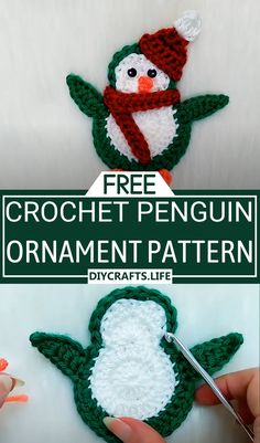 crochet penguin ornament pattern with text overlay that reads, free crochet penguin ornament pattern