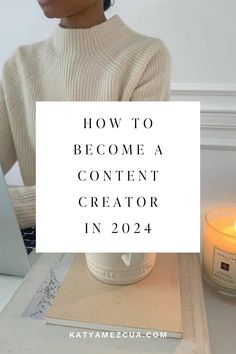 a woman sitting in front of a laptop with the words how to become a content creator in