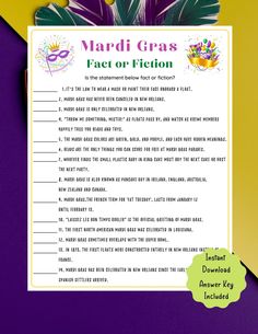 the mardi gras fact or fiction game is shown on a purple and yellow background