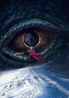 a painting of a dragon eye with a man in it