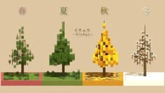 four different types of trees with chinese characters in the background