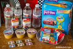 cars birthday party supplies including water and snacks