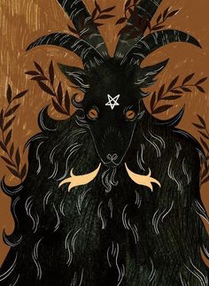 a black goat with horns and stars on it's head is surrounded by leaves