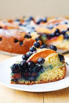 a slice of blueberry coffee cake on a plate