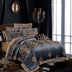 a black and gold comforter set in a bedroom