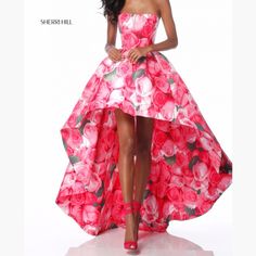 Strapless Taffeta High Low With Floral Print. Please Refer To These Body Measurements As Gown Has Been Altered: Bust: 34, Waist: 26 1/2, Hip: 37 Pink Floral Print Dress For Prom Season, Pink Floral Print Dress For Prom, Pink Rose Print Dress For Wedding, Sherri Hill Dresses, Sherri Hill, Body Measurements, High Low Dress, Pink And Green, High & Low