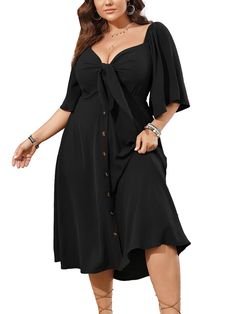 PRICES MAY VARY. Material: This Plus size summer dresses is made in lightweight and skin-touch, soft and flowy texture fabric. It's a great choice to be one of your summer dress collection Design: Plus size casual dresses is in tie front deep v neck design, it's good to shape your figure and show a deep v-neckline, the 3/4 bell sleeve is perfect to embellish your arm, back smocked dress is comfortable to fit your curves, and the button down decorates this flowy dress in more fashion Feature: Wom Petite Plus Size Dresses, Cocktail Attire For Women Plus Size, Hot Weather Outfits Plus Size, Church Outfit Plus Size, Plus Size Summer Dresses Casual, Black Dress Plus Size, Plus Size Wedding Guest Dress, Plus Size Sundress, Plus Size Summer Dress