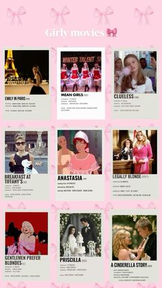 the movie poster for girly movies is shown in pink and white, with images of women