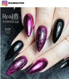 Pink Goth Nails Acrylic, Black With Pink Chrome Nails, Black Pink Chrome Nails, Pink Rock Nails, Pink And Black Sparkle Nails, Black And Magenta Nails, Black Nails Pink Glitter, Lavender Black Nails, Black Pink Glitter Nails