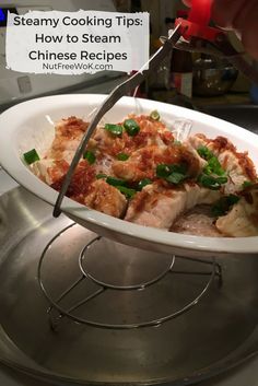 a person cutting meat in a bowl with chopsticks on the side and text overlay reading steamy cooking tips how to steam chinese recipes