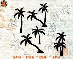 the silhouettes of palm trees are shown in black and white on an old wood background