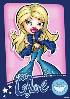 a cartoon girl with blonde hair and blue pants, holding a pink object in her hands