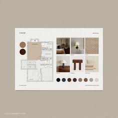 the floor plan for an apartment with furniture and decor in neutral colors, including beige