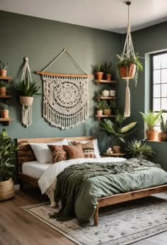 a bedroom with green walls and plants on the shelves above the bed, along with a macrame wall hanging over the bed