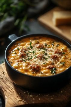 a bowl of pasta with meat and cheese on a wooden cutting board next to bread