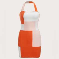 Color Block, Backless Halter Dress In Medium. Orange, White And Peach Colors, Never Worn. Don’t Have Original Packaging White Bodycon Halter Neck Dress, White Stretch Halter Mini Dress, Orange Stretch Mini Dress With Halter Neck, Orange Stretch Halter Neck Mini Dress, Orange Halter Neck Mini Dress For Brunch, White Mini Halter Dress For Brunch, White Mini-length Halter Dress For Brunch, White Fitted Halter Dress For Brunch, Fitted White Halter Dress For Brunch