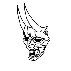 the head of an evil demon with horns and fangs on it's face, drawn in