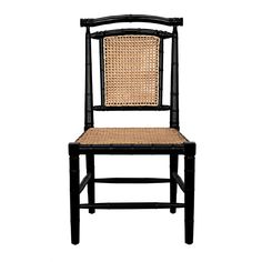 a black chair with wicker seat and backrests on white background, side view