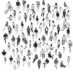 a large group of people walking and riding bikes in different directions, silhouettes on white background