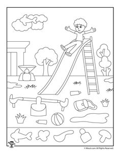 a coloring page with a boy playing on a slide