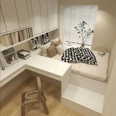 a room with a bed, desk and shelves