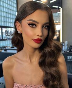 Red Lipstick Makeup Looks, Prom Eye Makeup, Red Dress Makeup, Formal Makeup, Tape In Hair Extensions, Bride Makeup, Red Lipstick